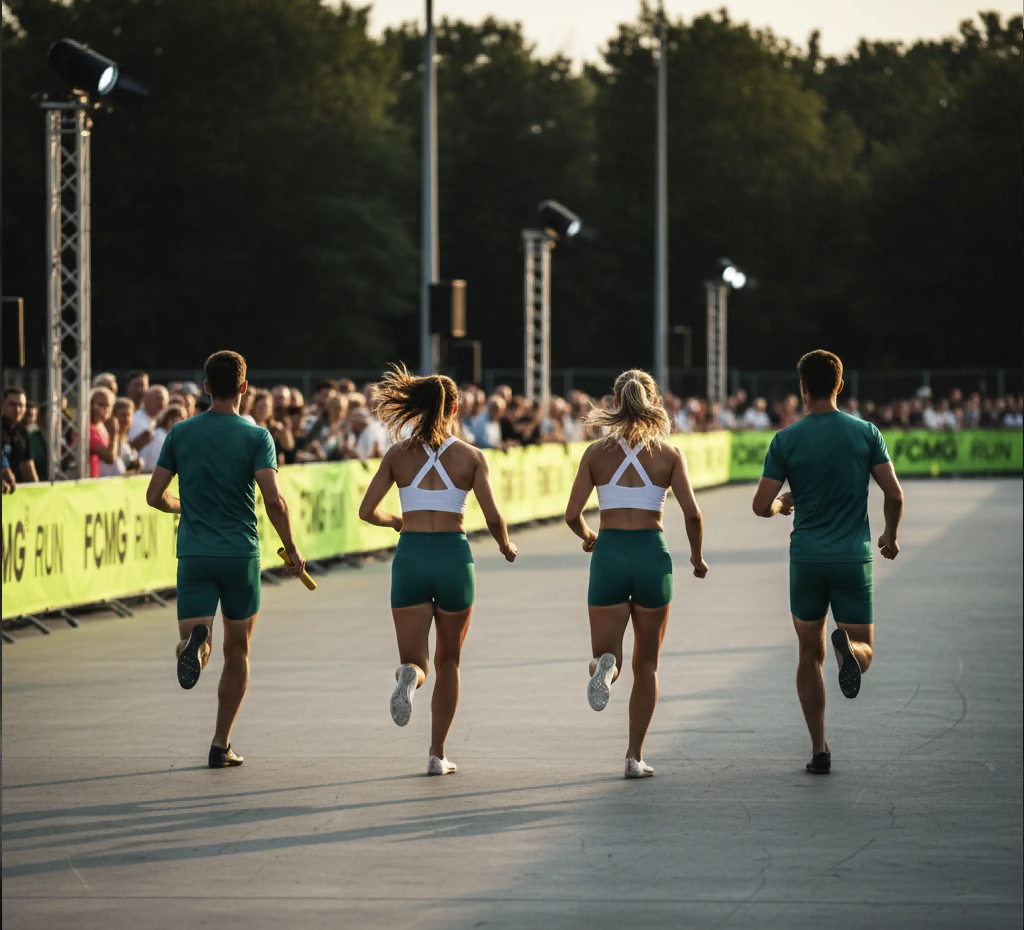 Mixed-level team dat samen lacht / high-fives geeft langs de baan